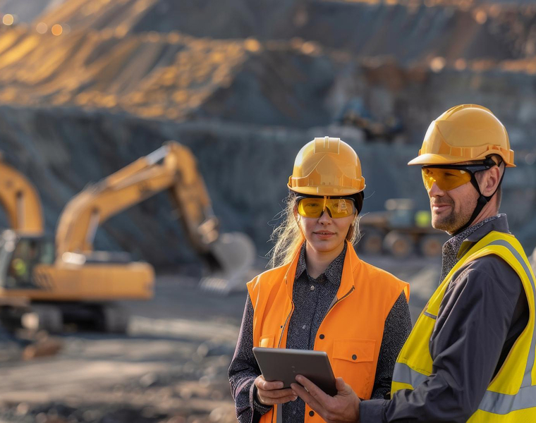 Mine site team reviewing operational data on a tablet